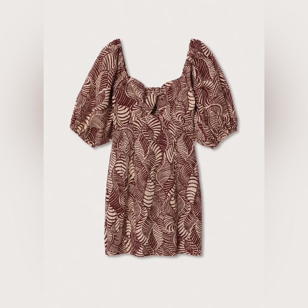 Mango Leaf-Print Mini Dress in Burgundy and Cream - Picture 6 of 11